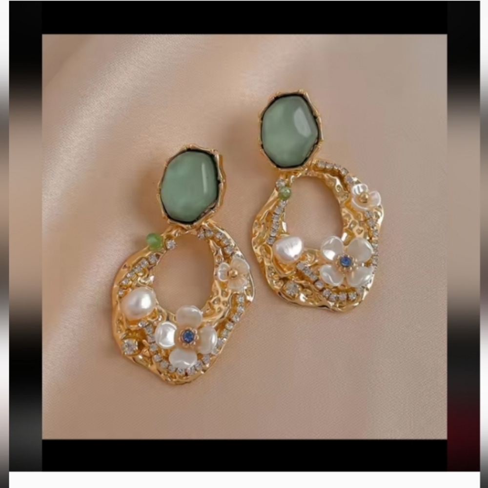 Gold and Green Floral Earrings